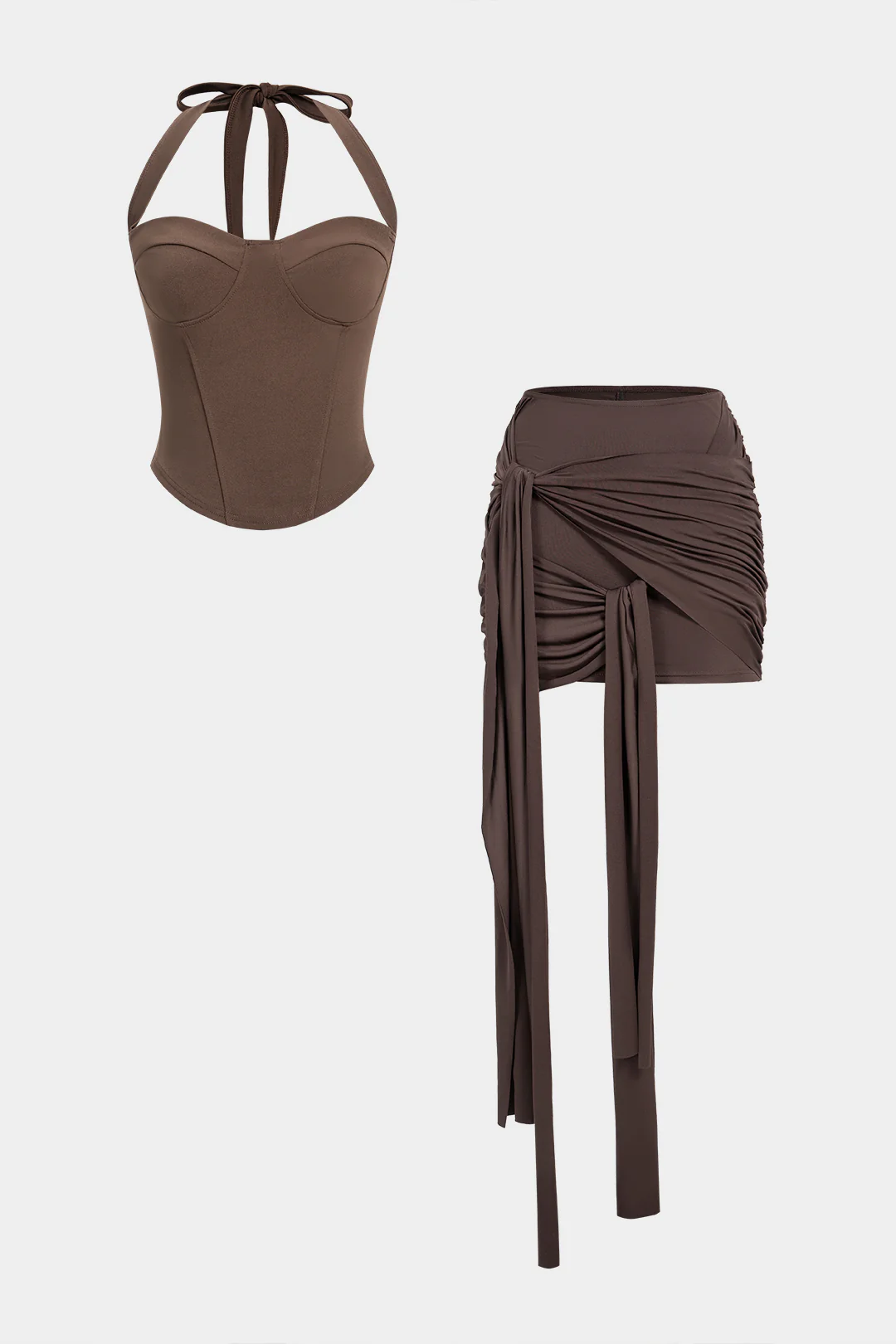 Halter Tie Back Sleeveless Top And Asymmetrical Ruched Skirt Set - Flockneti