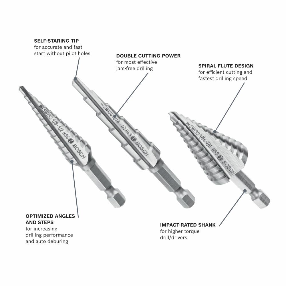 Bosch High Speed Steel Impact Tough Turbo Step Drill Bit Set 3pc - Flockneti