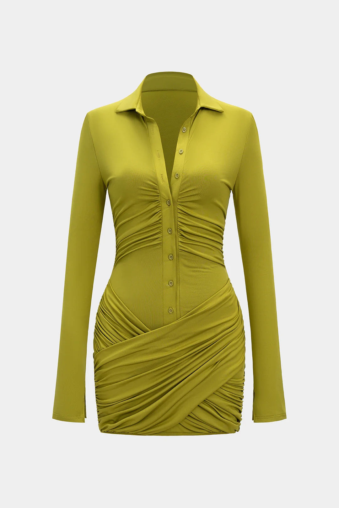 Crossed Button Ruched Long Sleeve Mini Dress - Flockneti