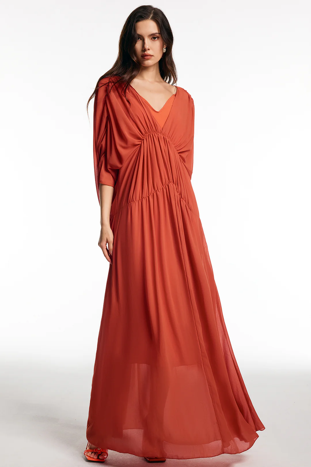 Chiffon V-Neck Ruched Short Sleeve Maxi Dress - Flockneti