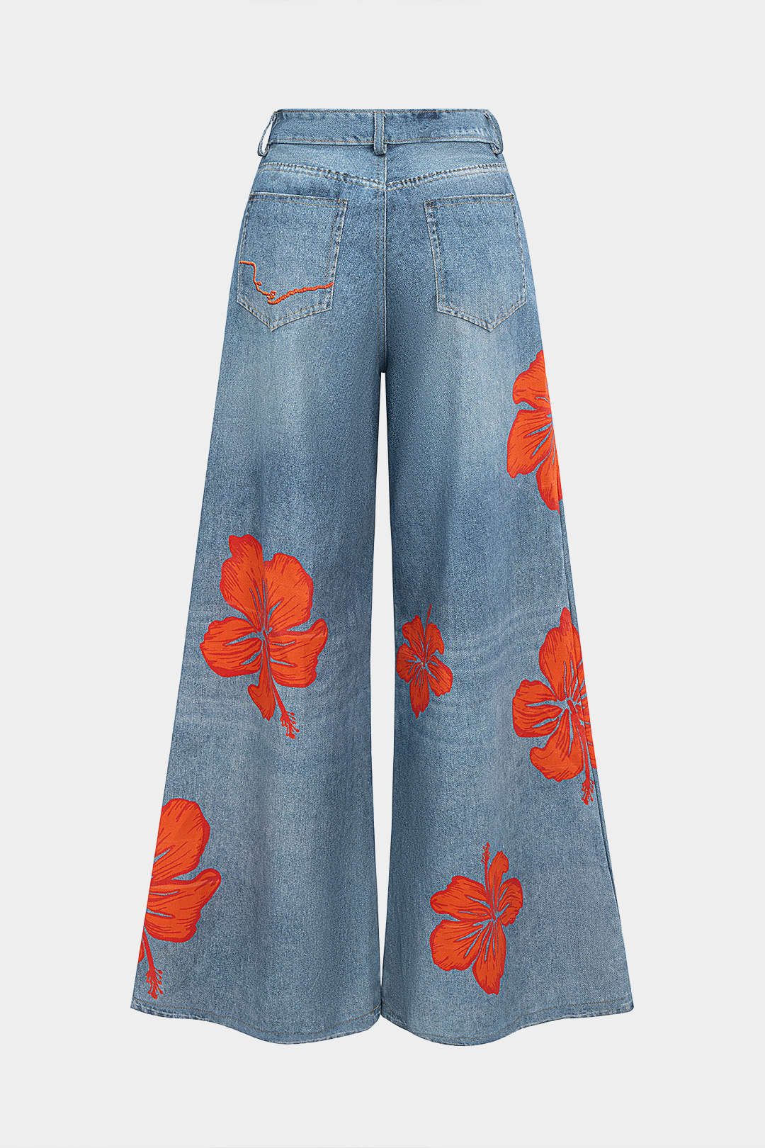Denim Floral Print Wide Leg Jeans - Flockneti
