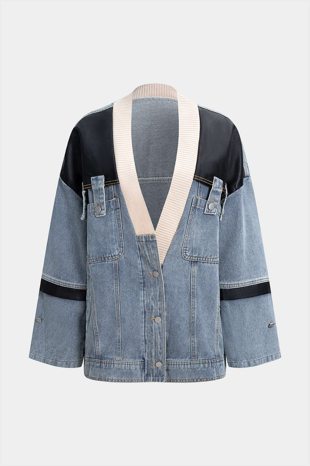 Denim Faux Leather Patchwork Outerwear - Flockneti