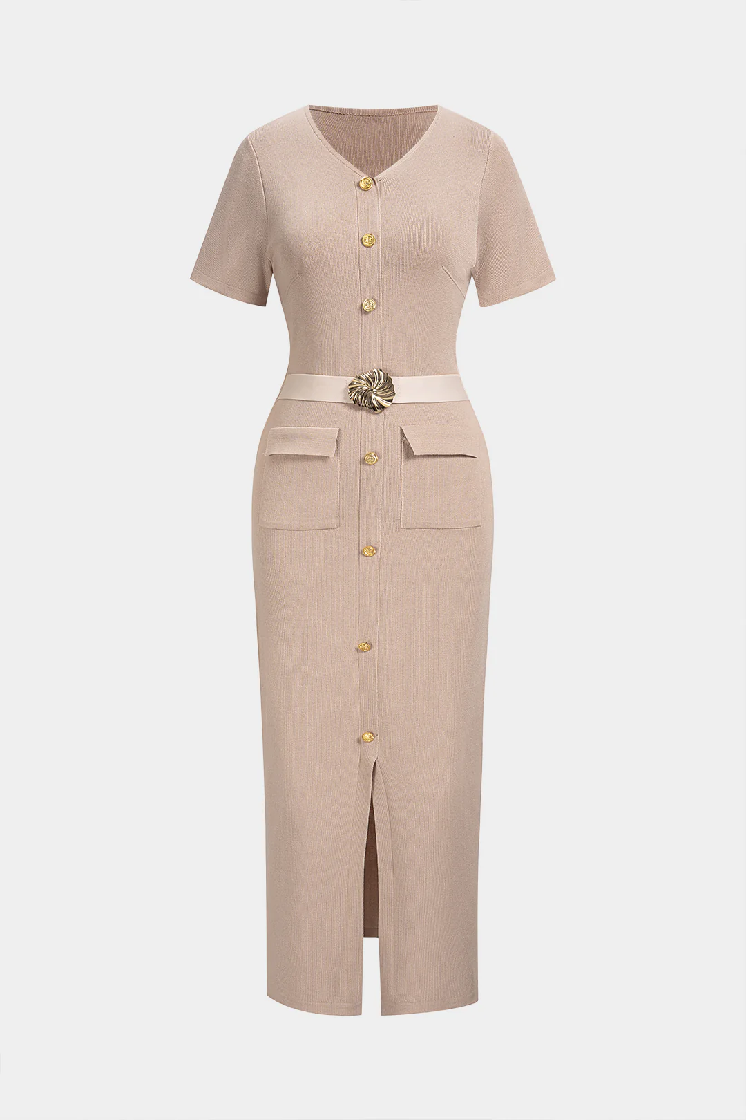 Knit V-Neck Metallic Button Short Sleeve Dress - Flockneti