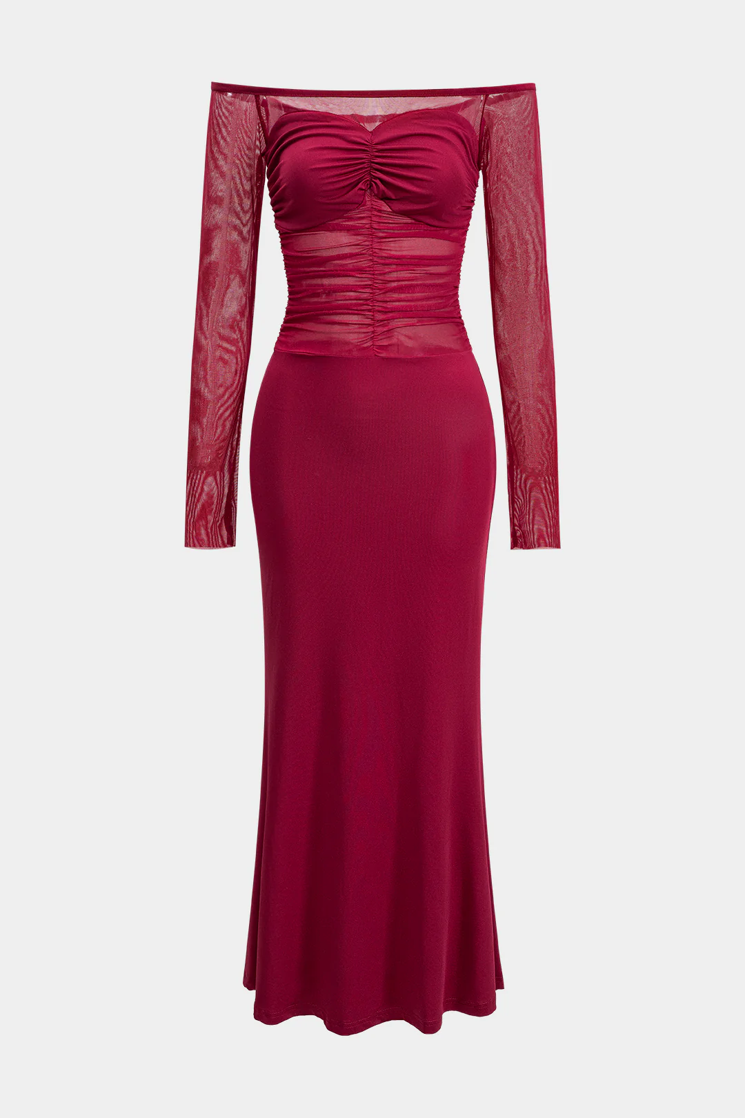 Mesh Patchwork Off Shoulder Ruched Long Sleeve Maxi Dress - Flockneti