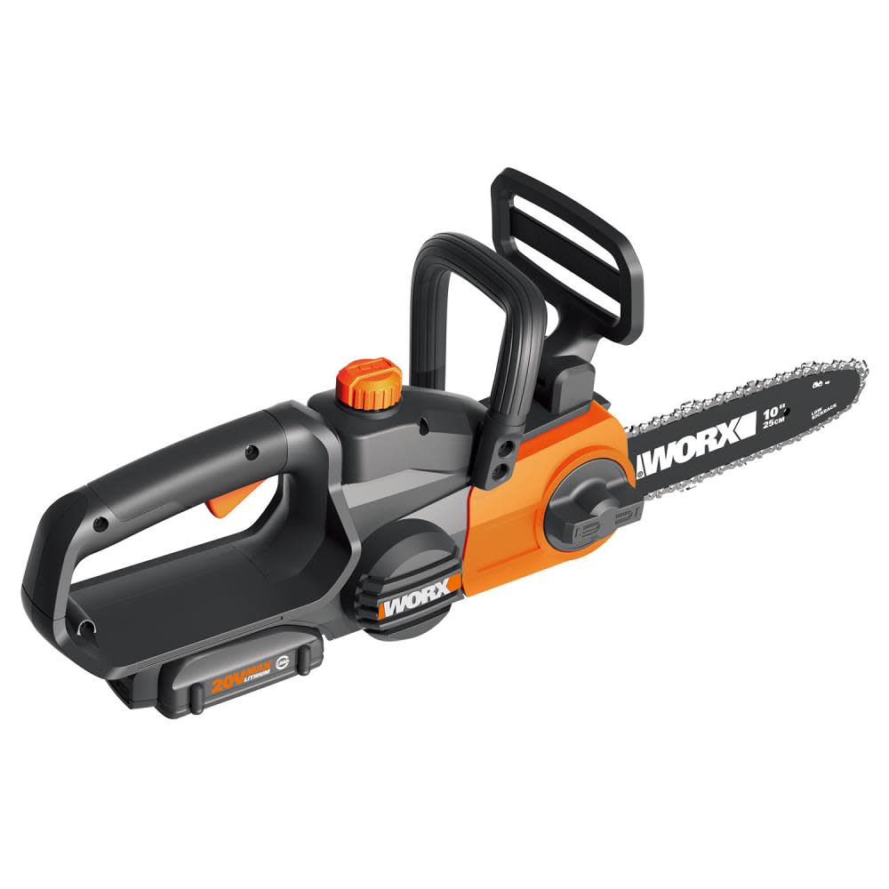 Worx POWER SHARE 20-Volt Li-Ion 10 in. Electric Cordless Chain Saw Auto-Tension Auto-Oiling Battery and Charger Included - Flockneti
