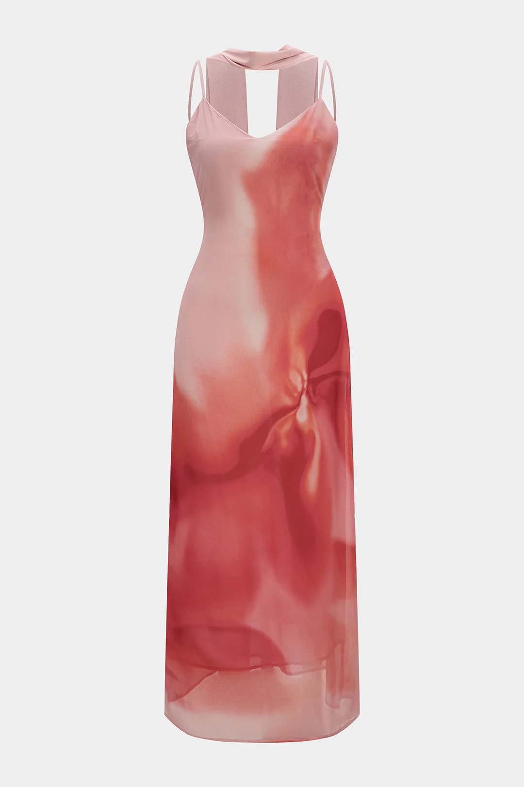 Ombre Print Chiffon V-Neck Slip Sleeveless Midi Dress With Scraf - Flockneti
