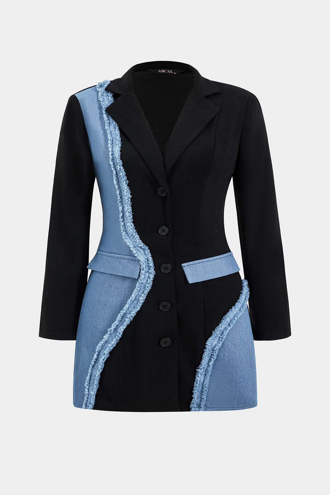 Plus Size Denim Notched Lapel Button Patchwork Blazer Mini Dress - Flockneti
