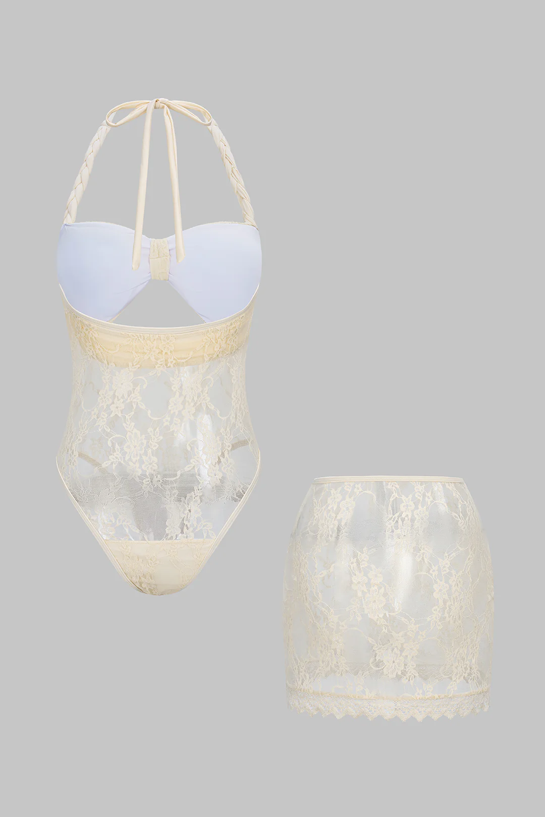 Sheer Lace Braided Halter Tie-Up Cut Out Bodysuit And Skirt Set - Flockneti