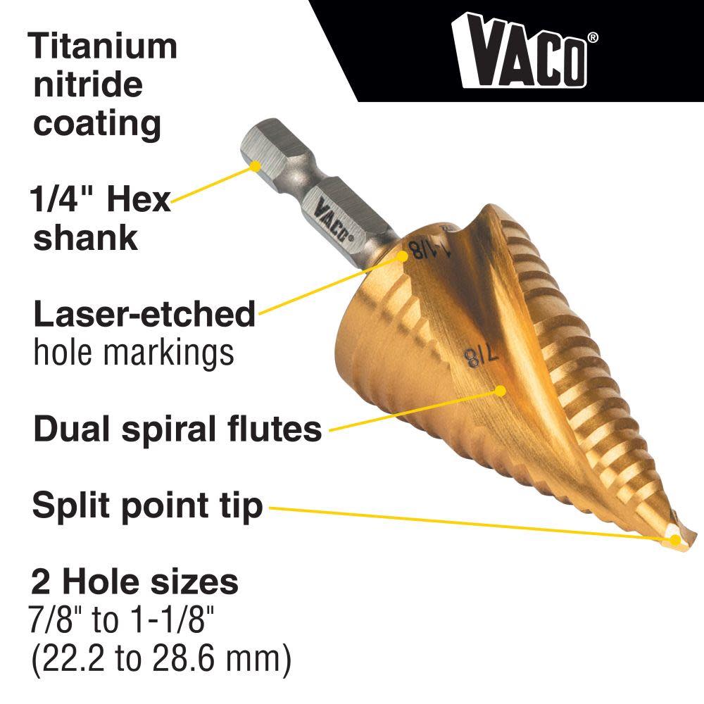 Klein Tools 7/8″ to 1 1/8″ Step Drill Bit VACO - Flockneti
