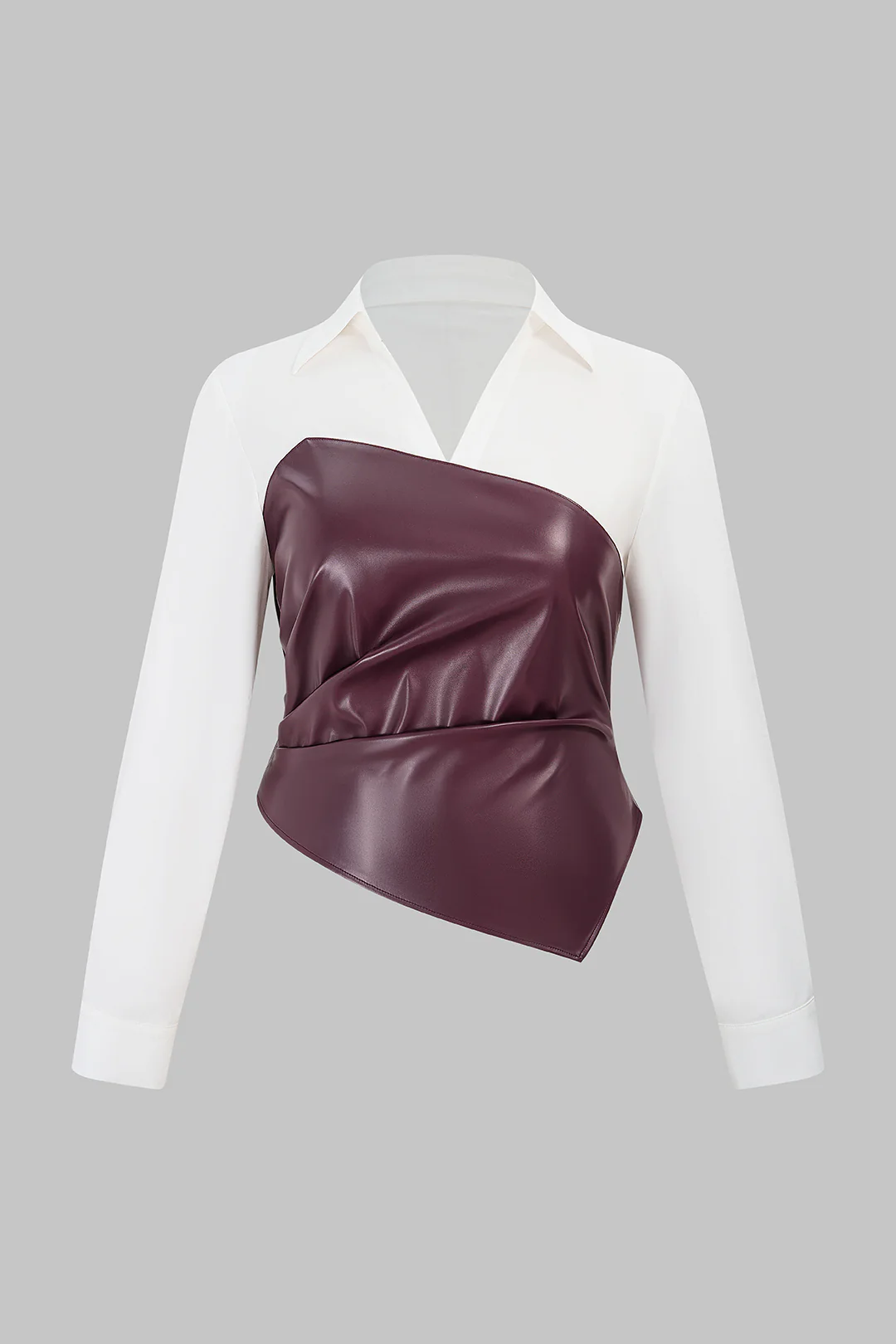 Plus Size Faux Leather Patchwork Long-Sleeve Shirt - Flockneti