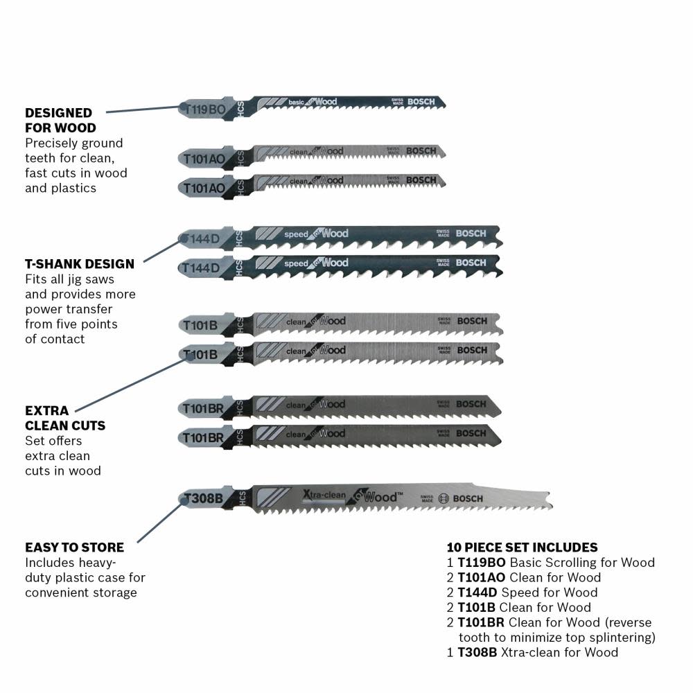Bosch Jig Saw Blade Set 10pc T Shank for Extra Clean Wood Cutting - Flockneti
