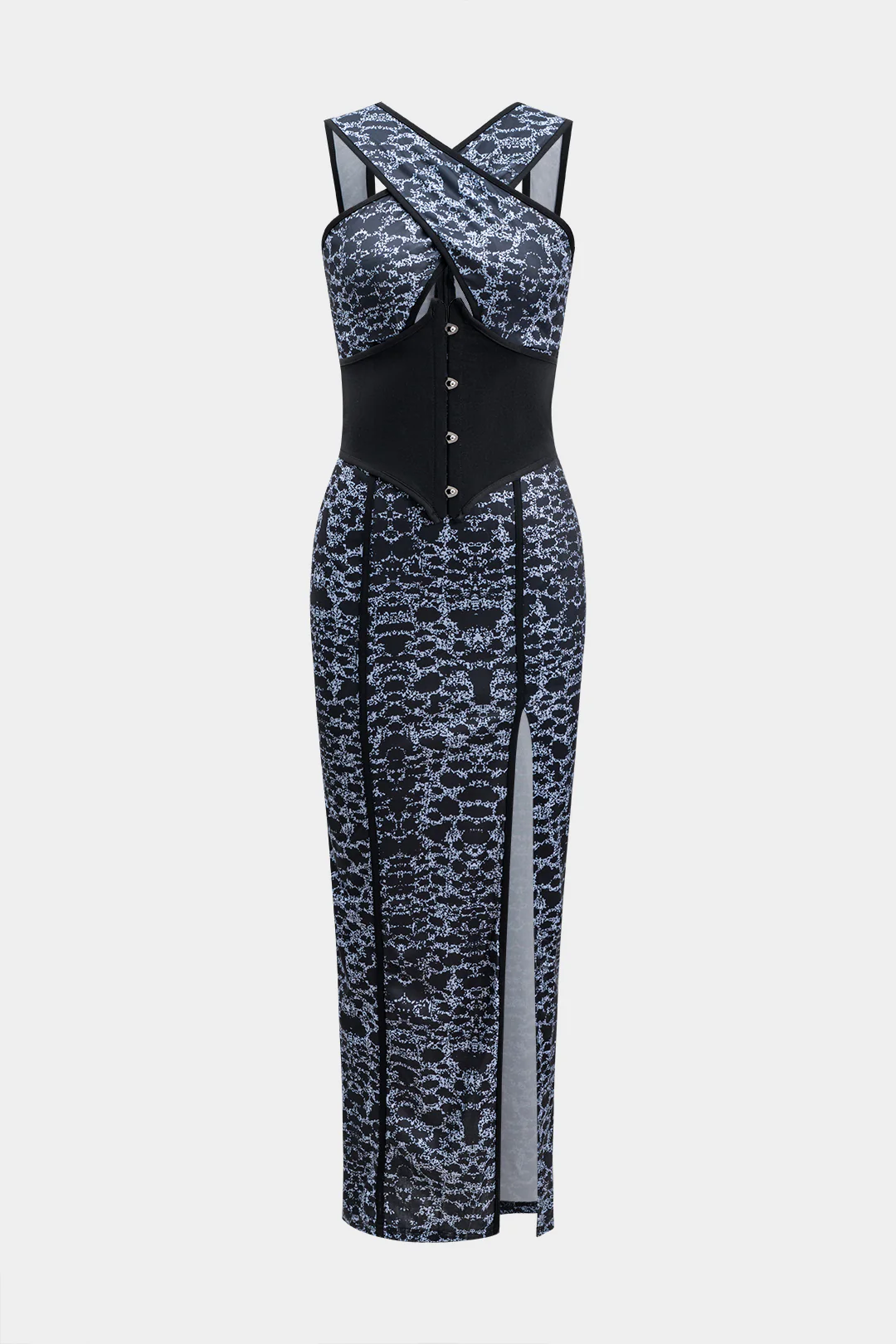 Leopard Print Satin Corset Crossed Cut Out Sleeveless Midi Dress - Flockneti