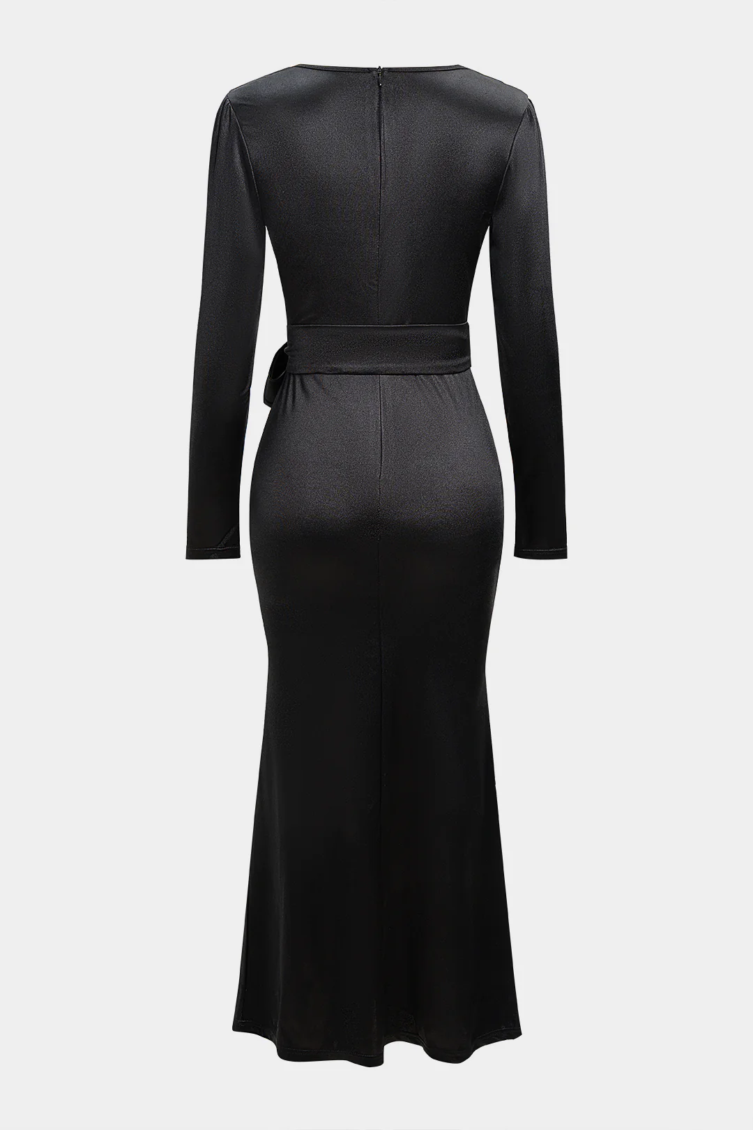 Satin Ruched V-Neck Belted Long Sleeve Midi Dress - Flockneti