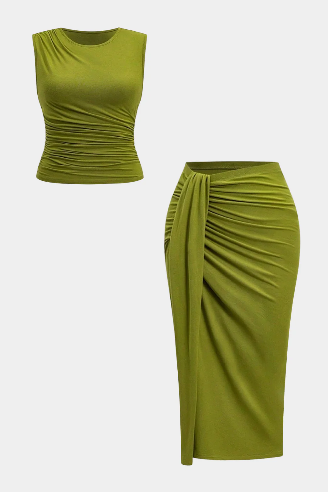 Plus Size Round Neck Asymmetrical Ruched Tank Top And Skirt Set - Flockneti