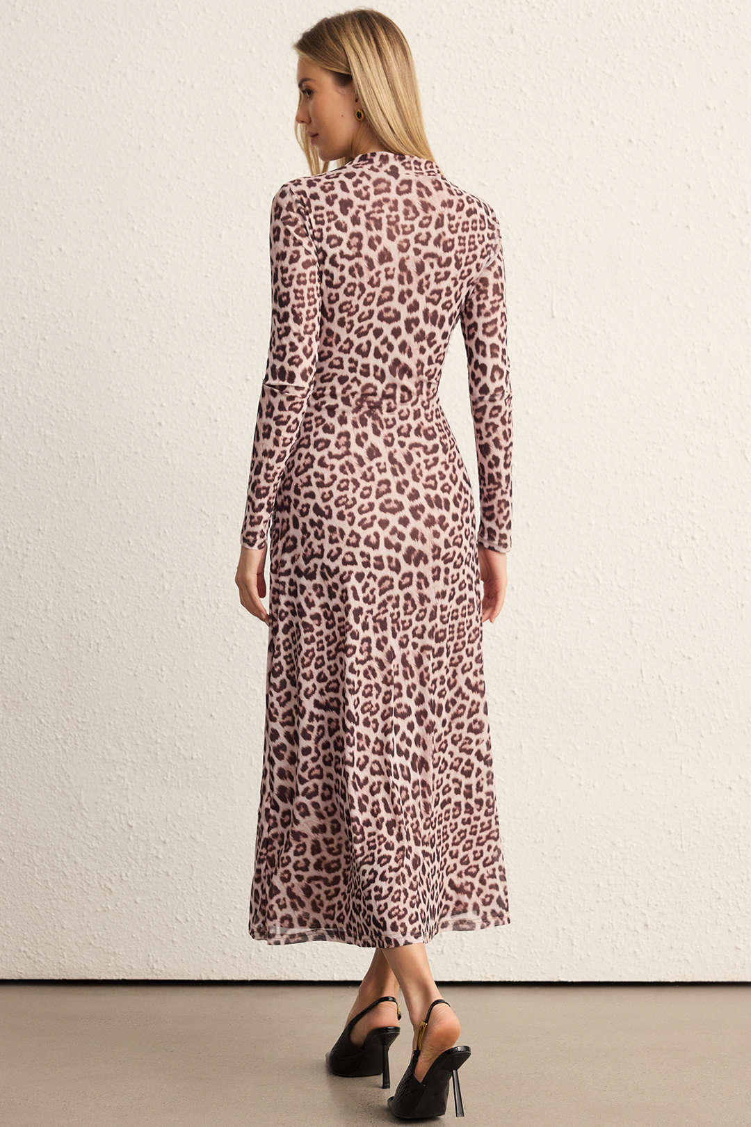 Leopard Print Mesh Ruched Slit Long Sleeve Midi Dress - Flockneti