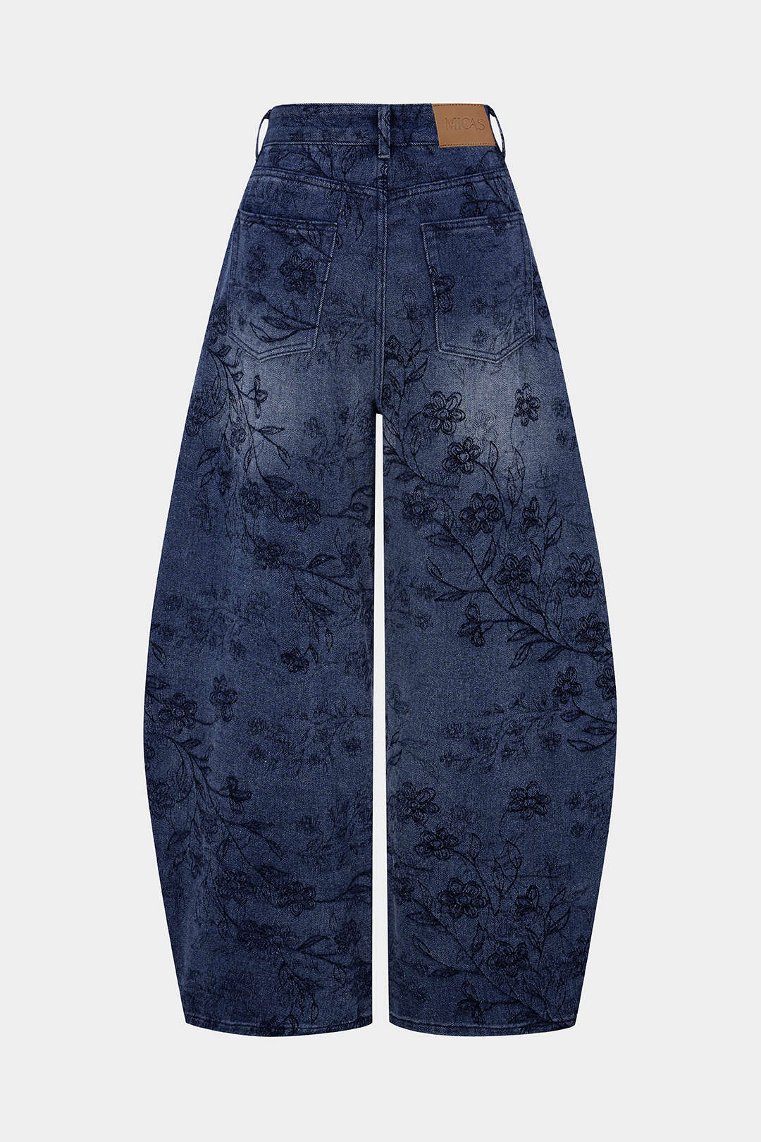 Denim Floral Print Zipper Barrel Jeans - Flockneti