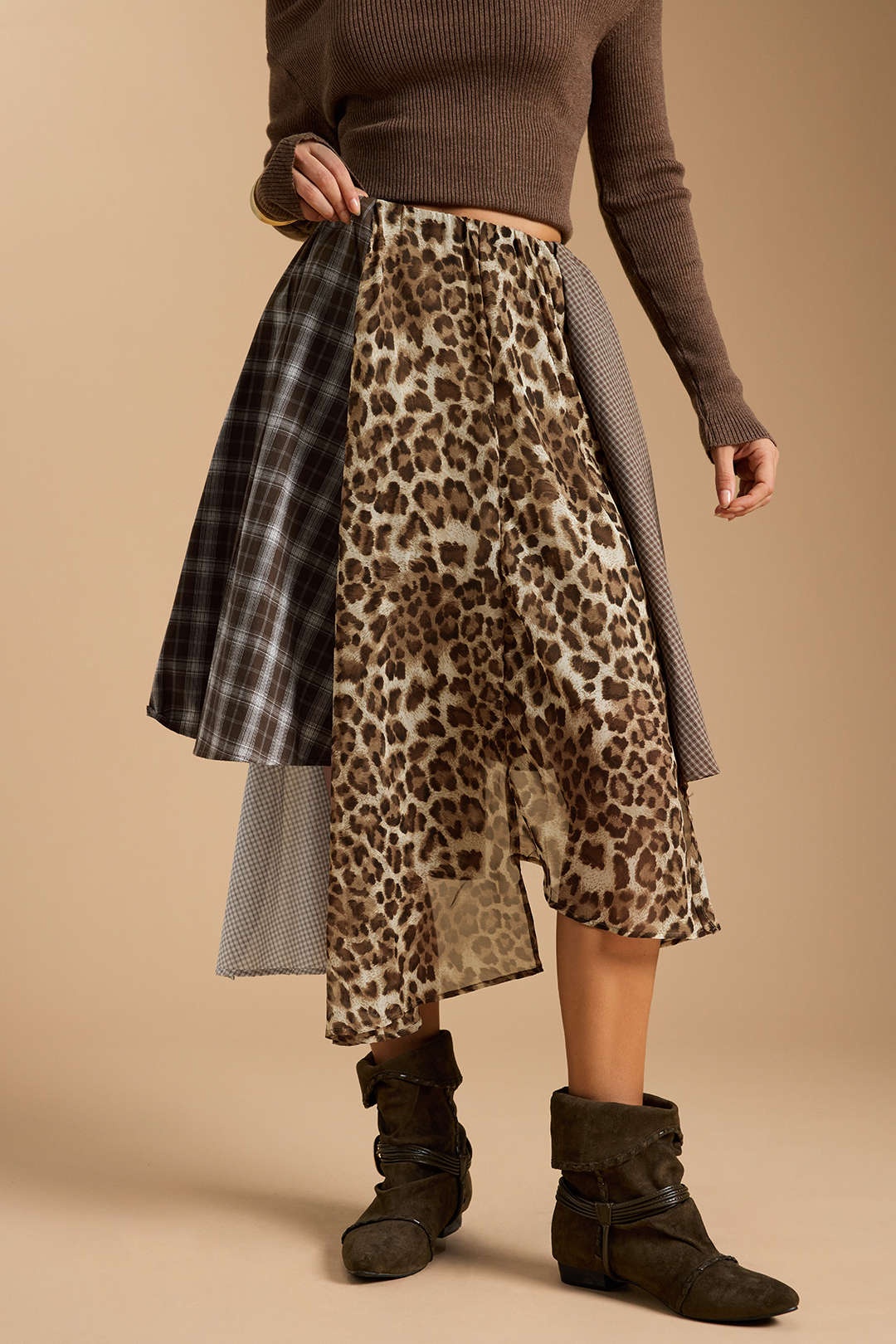 Plaid Leopard Print Patchwork Irregular Skirt - Flockneti