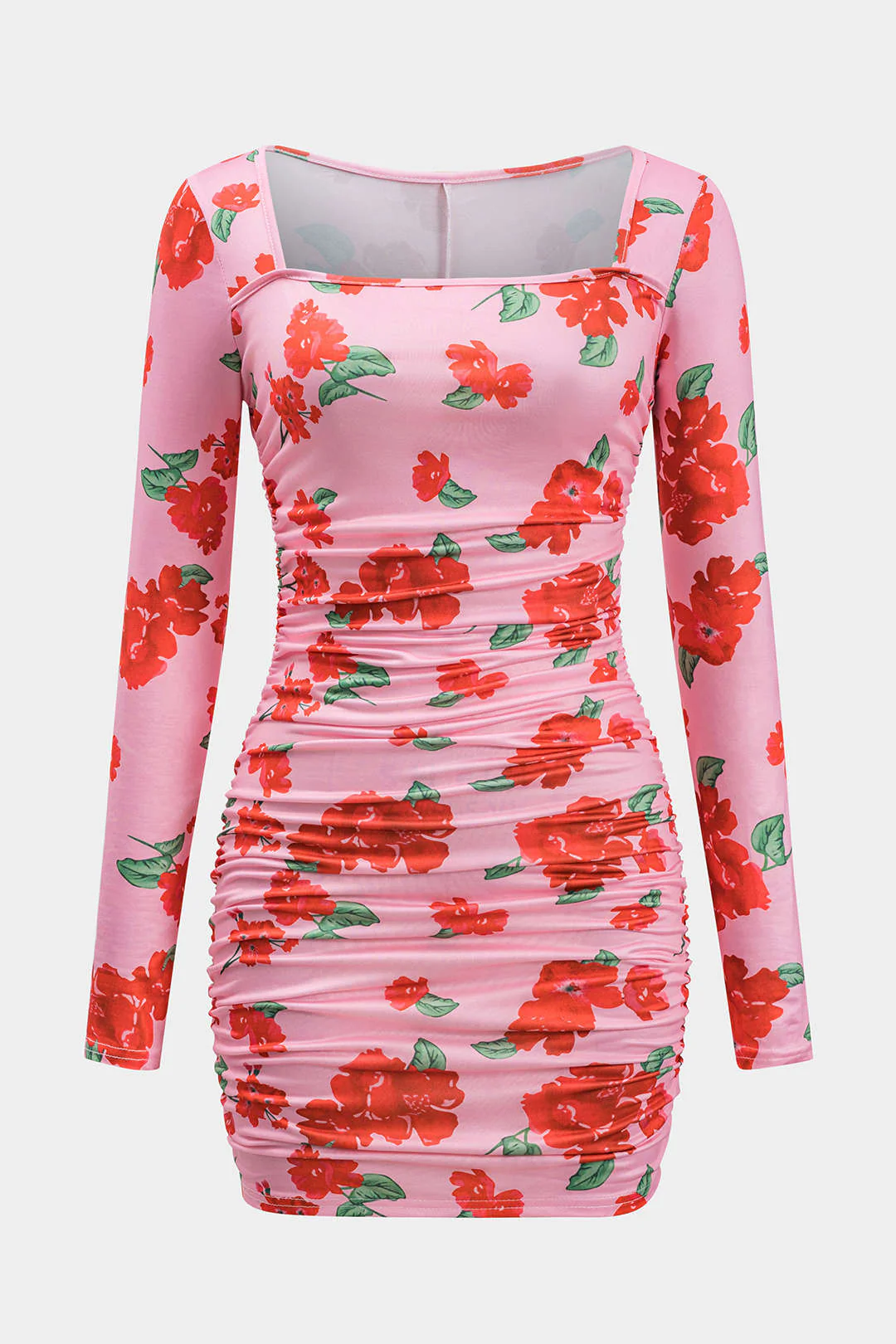 Floral Print Square Neck Ruched Long Sleeve Mini Dress - Flockneti