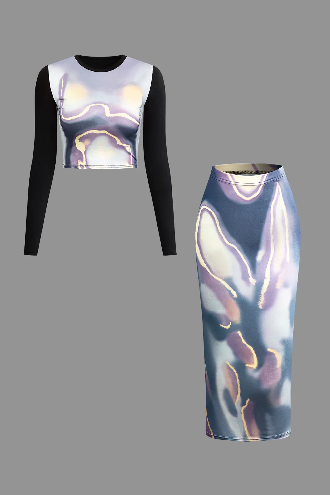 Watercolor Print Long Sleeve Round Neck Top And Long Skirt Set - Flockneti