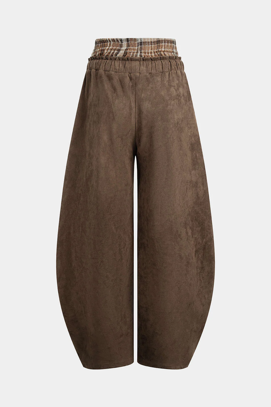 Plaid Print Suede Double Waistband Patchwork Drawstring Pants - Flockneti