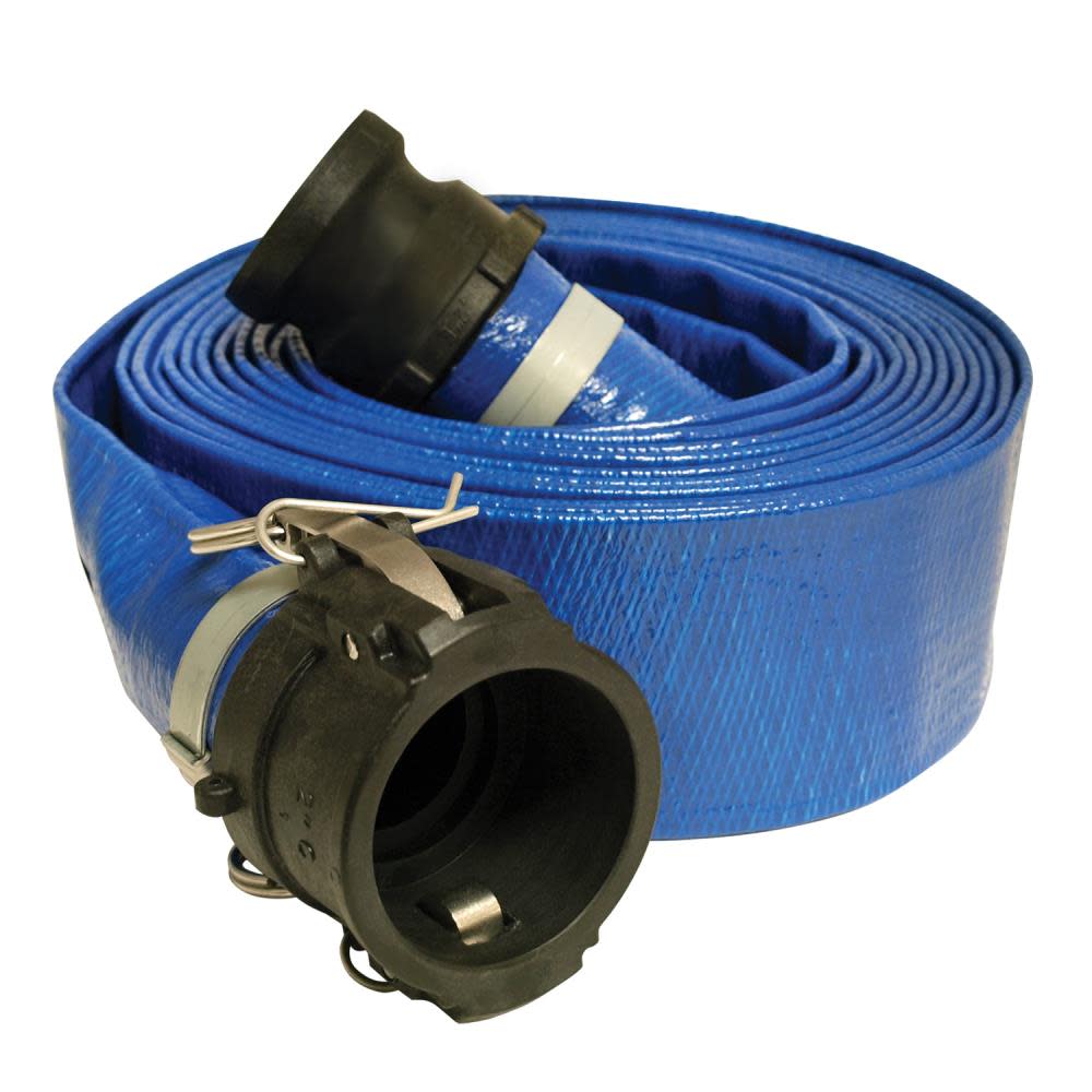 Apache Hose 2 In. x 25 Ft. Blue PVC Lay Flat Discharge Hose with Poly Cam Lock Fittings - Flockneti