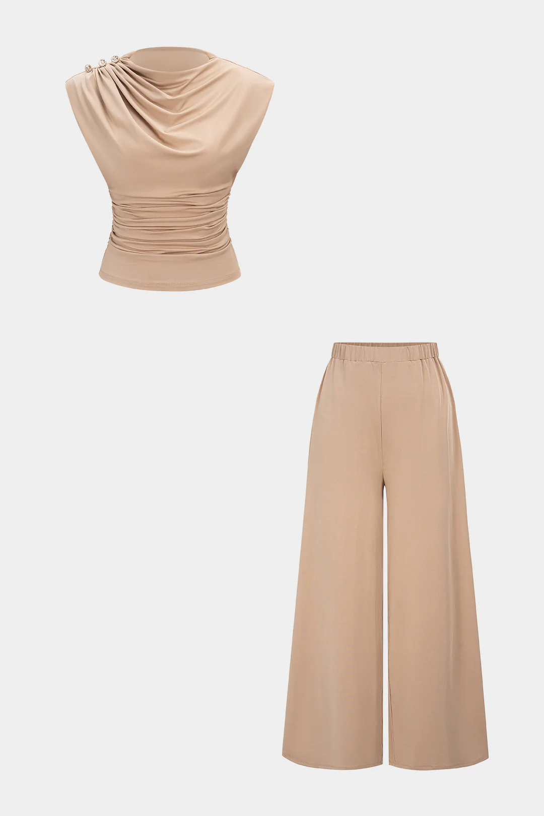 Solid Ruched Tank Top And Wide Leg Pants Set - Flockneti