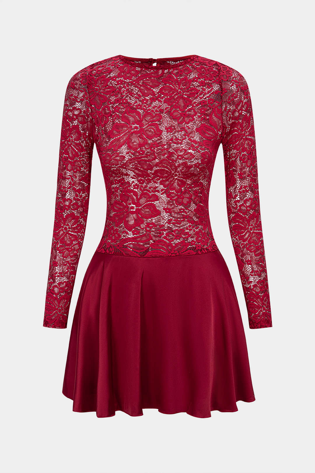 Lace Patchwork Satin Cut Out Long Sleeve Mini Dress - Flockneti