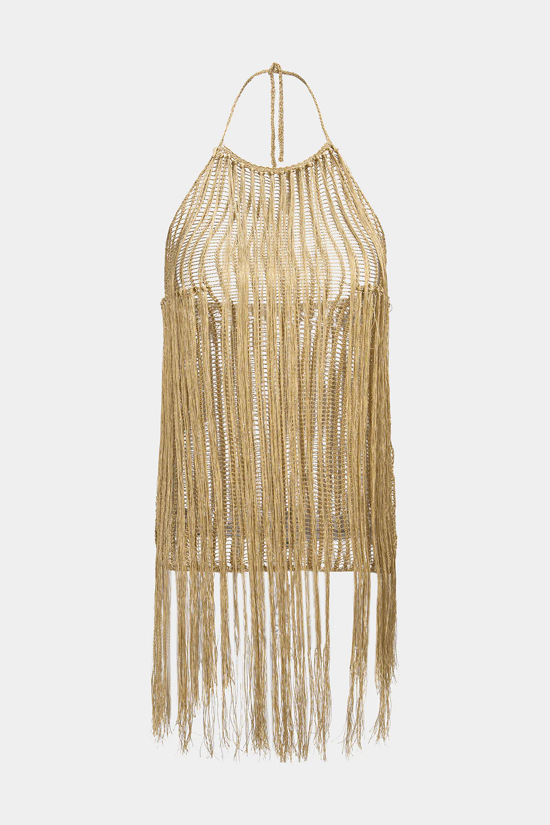 Halter Round Neck Tie-Up Fringe Backless Cut Out Sleeveless Mini Dress - Flockneti