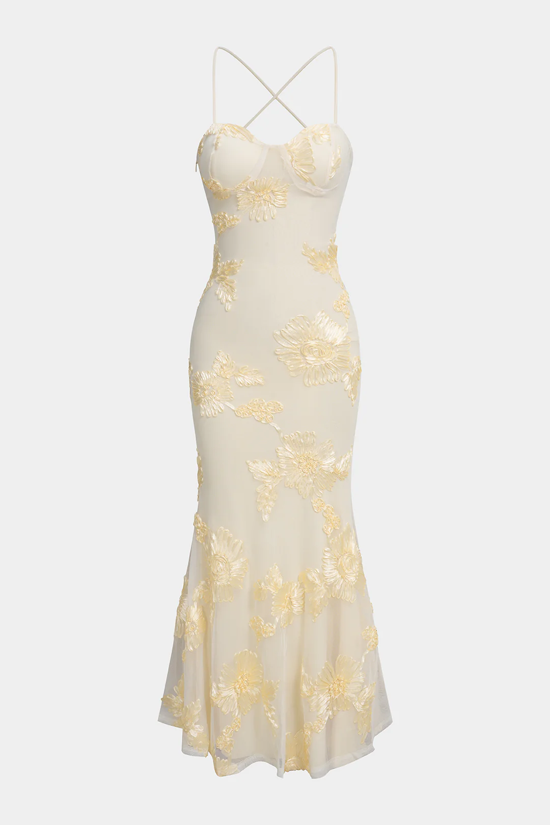 Floral Embroidery Mesh Patchwork Bustier Crossed Tie-Up Backless Sleeveless Maxi Dress - Flockneti