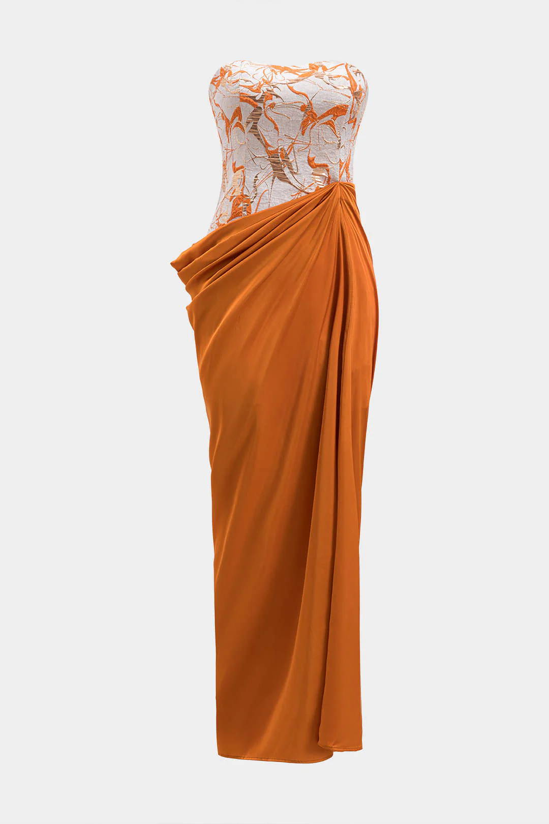 Satin Jacquard Patchwork Ruched Strapless Sleeveless Maxi Dress - Flockneti