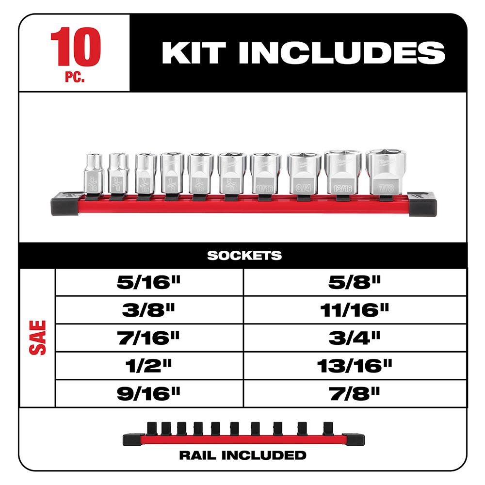 Milwaukee 10pc 3/8 in. SAE Sockets with FOUR FLAT Sides - Flockneti