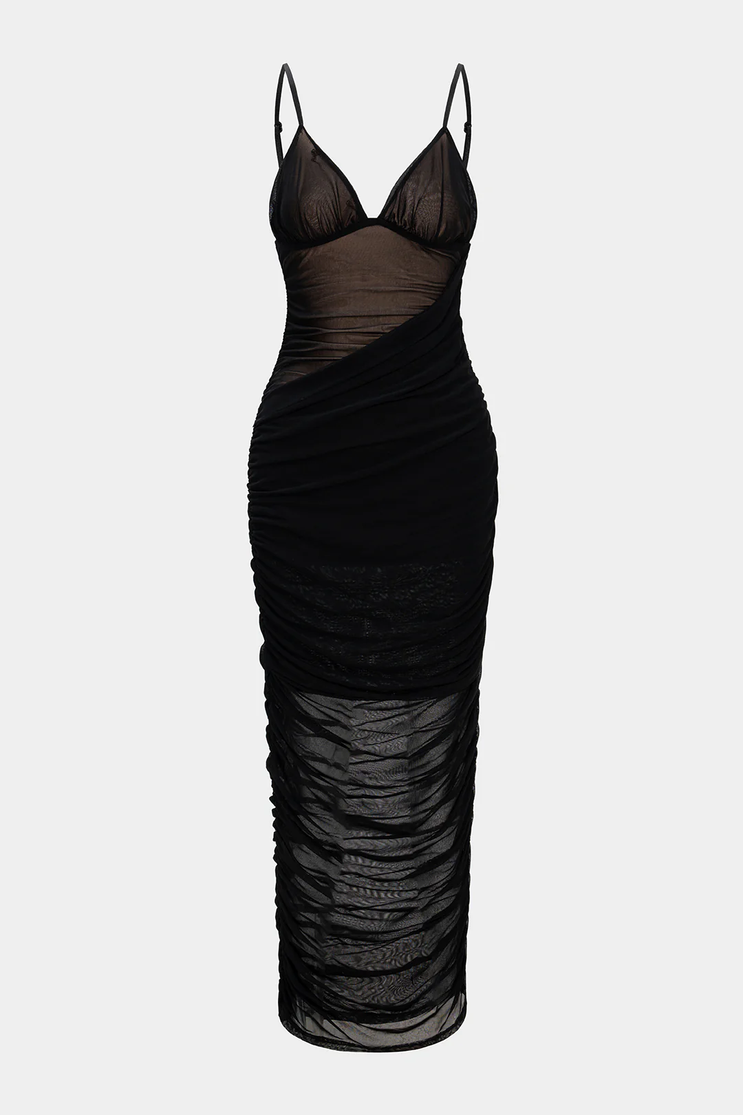 Mesh V-Neck Backless Ruched Slip Sleeveless Midi Dress - Flockneti
