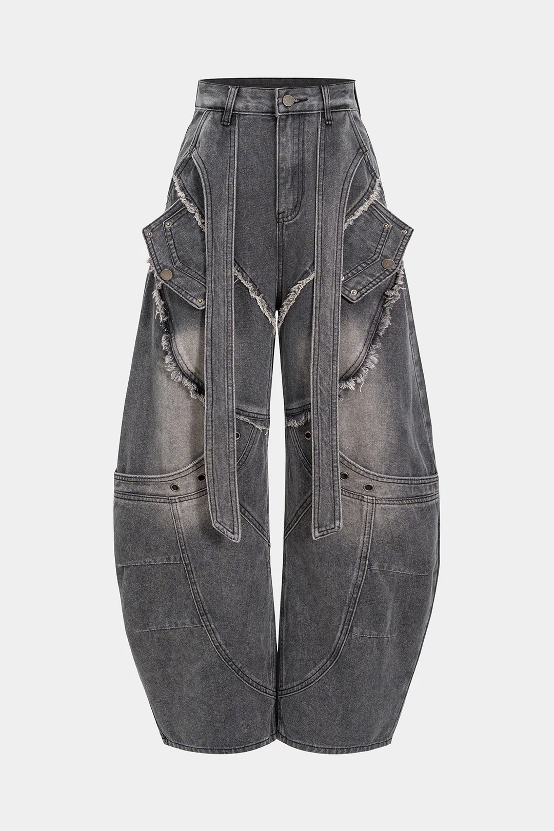Denim Strappy Frayed Barrel Jeans - Flockneti