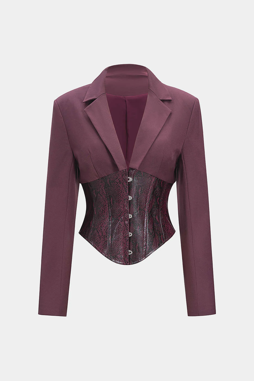 Snake Skin Print Faux Leather Hook And Eye Notched Lapel Blazer - Flockneti