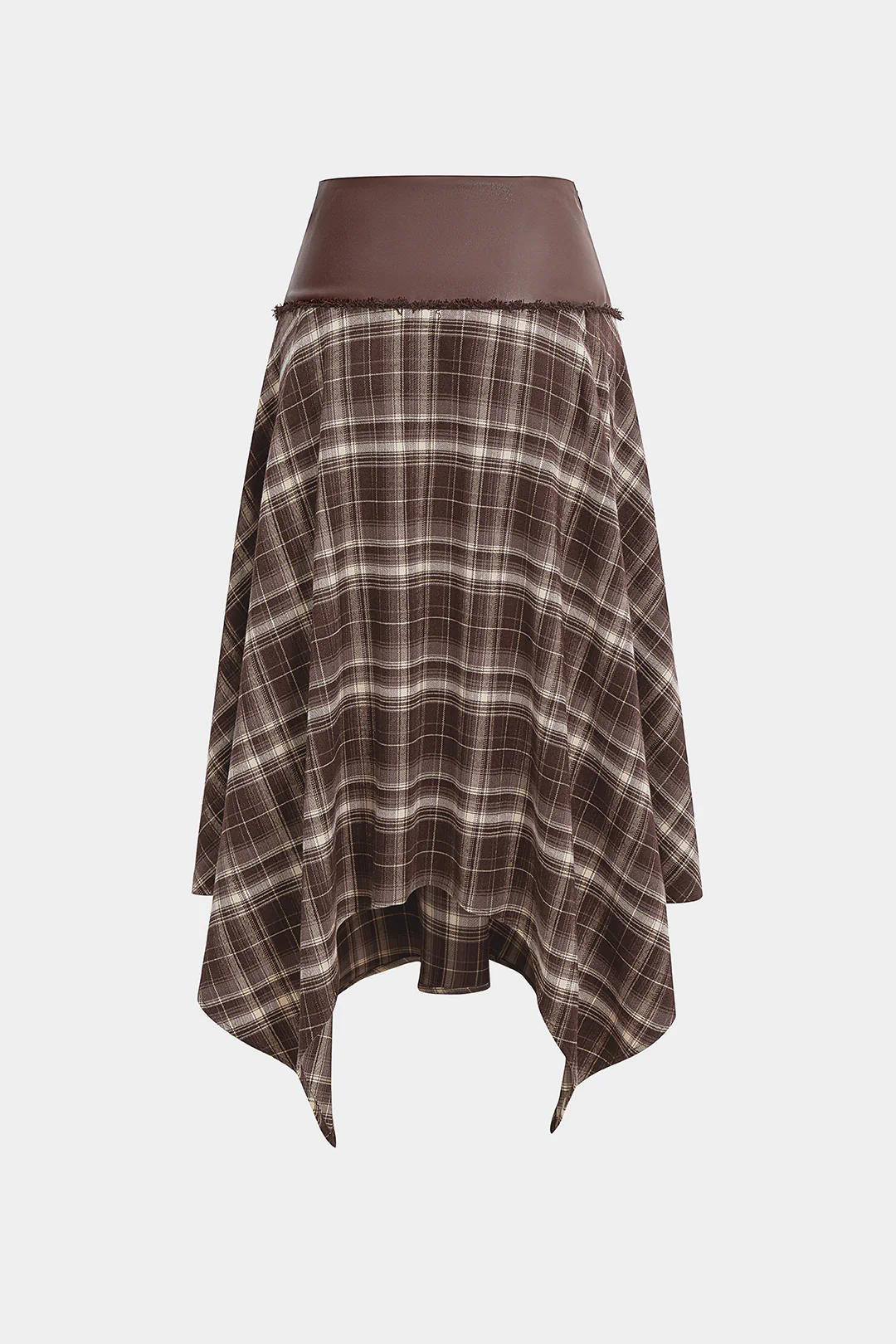 Plaid Print Faux Leather Patchwork Ruched Skirt - Flockneti