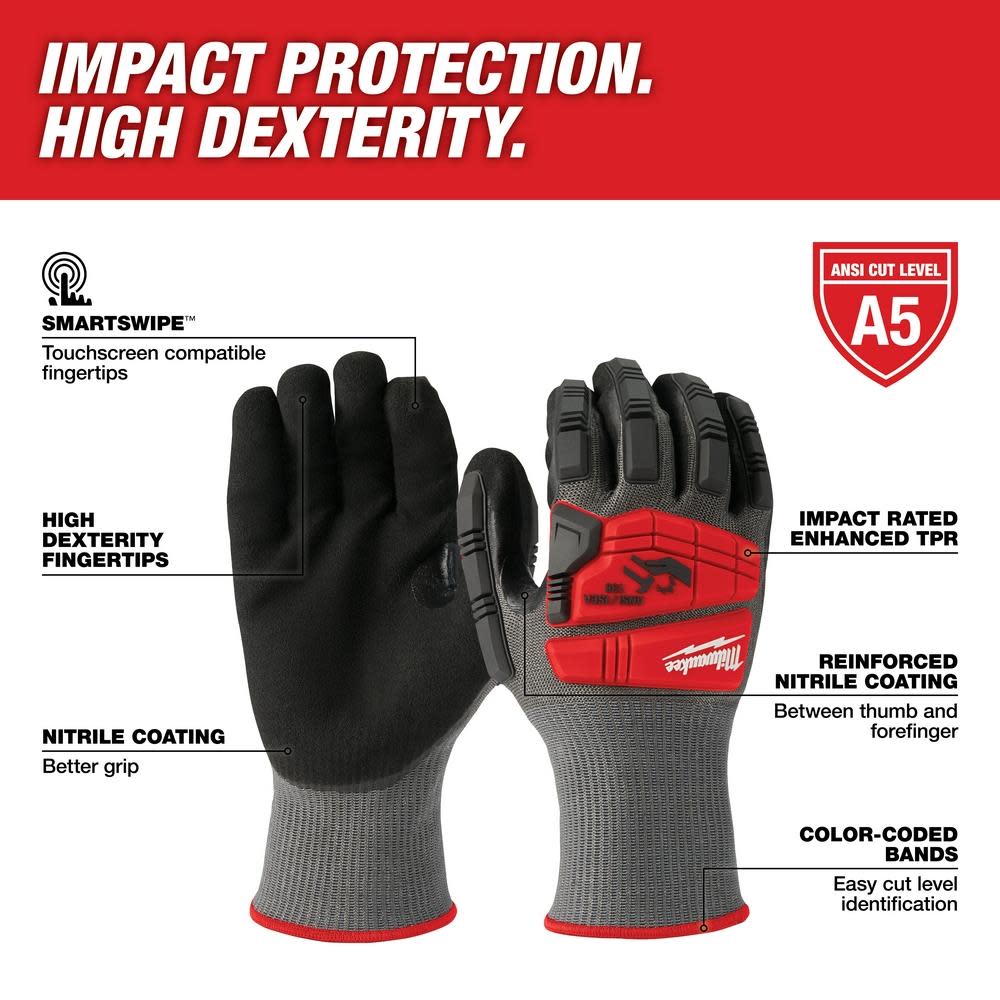 Milwaukee Impact Cut Level 5 Nitrile Gloves Dipped - Flockneti
