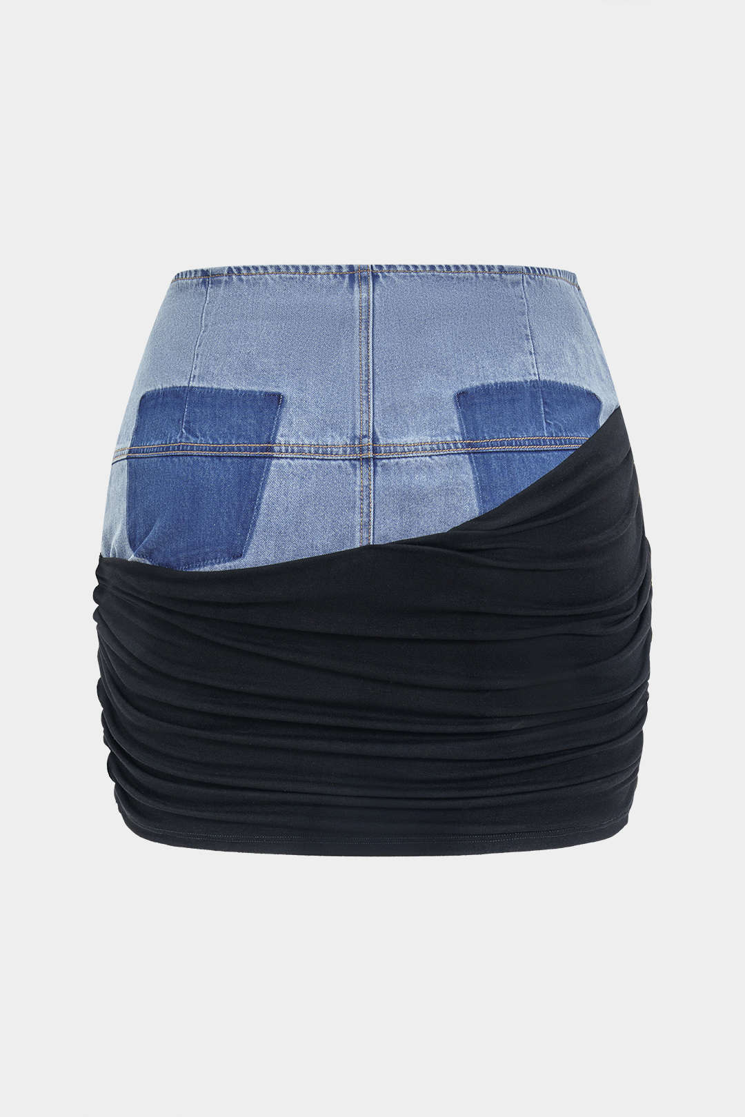 Plus Size Denim Ruched Patchwork Zipper High Waist Skirt - Flockneti