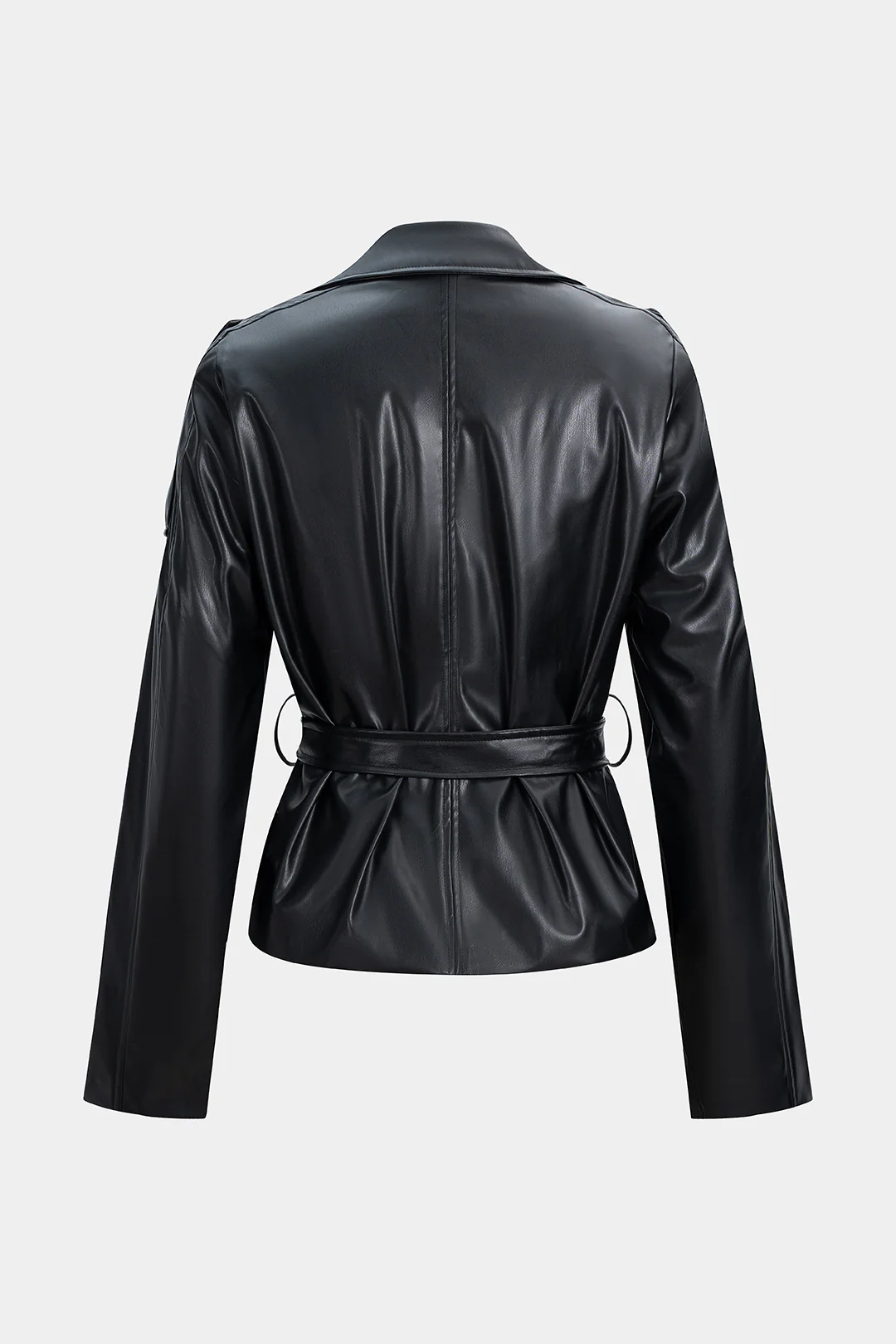 Faux Leather Button Tie-Front Pocket Jacket - Flockneti