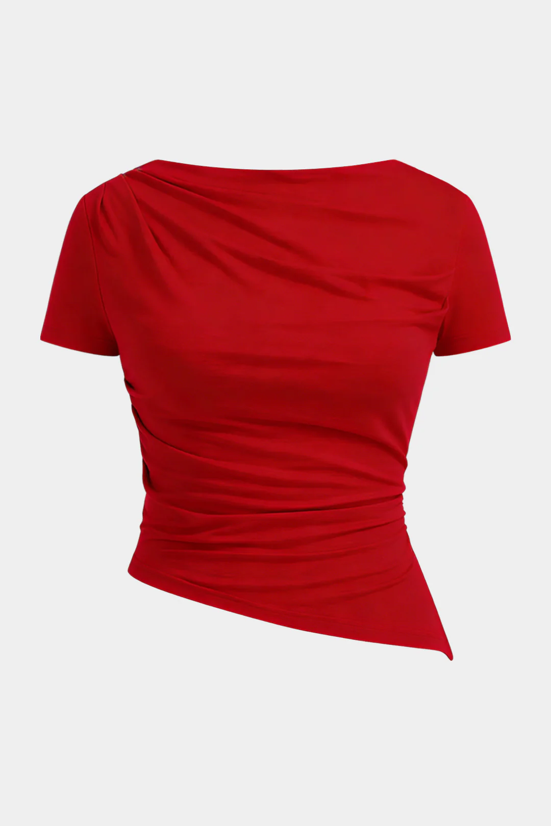 Plus Size Asymmetrical Hem Round Neck Ruched Short-Sleeve Top - Flockneti
