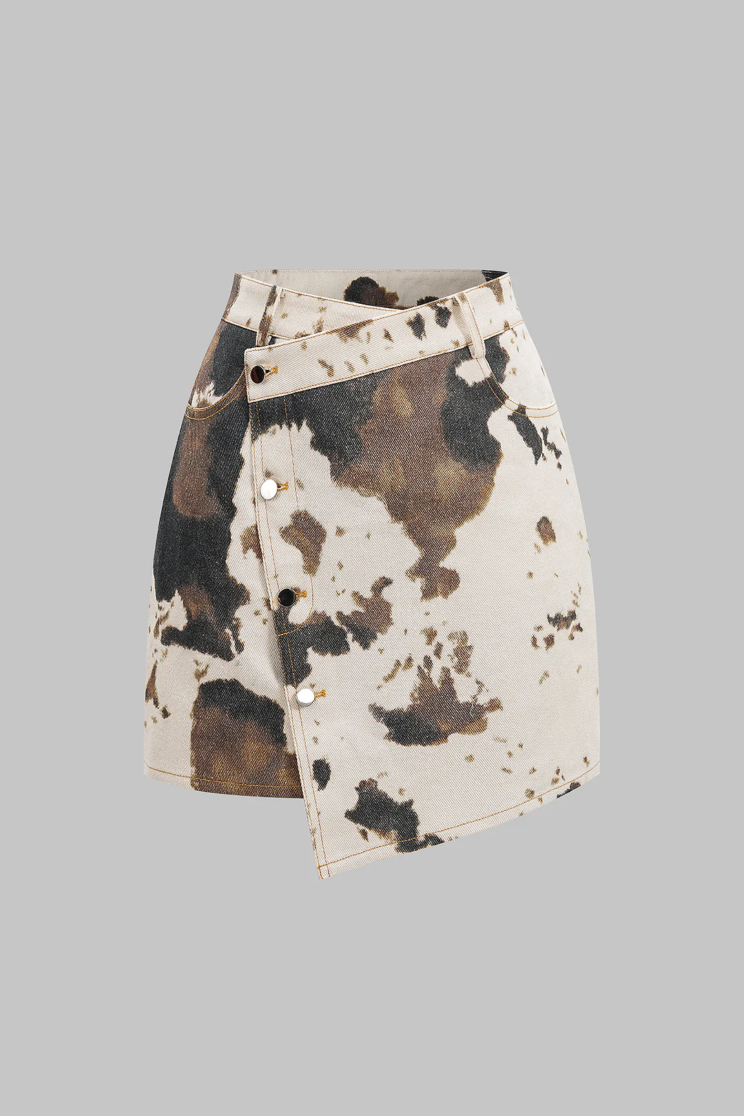 Denim Abstract Splatter Print Asymmetrical Button High Waist Skirt - Flockneti