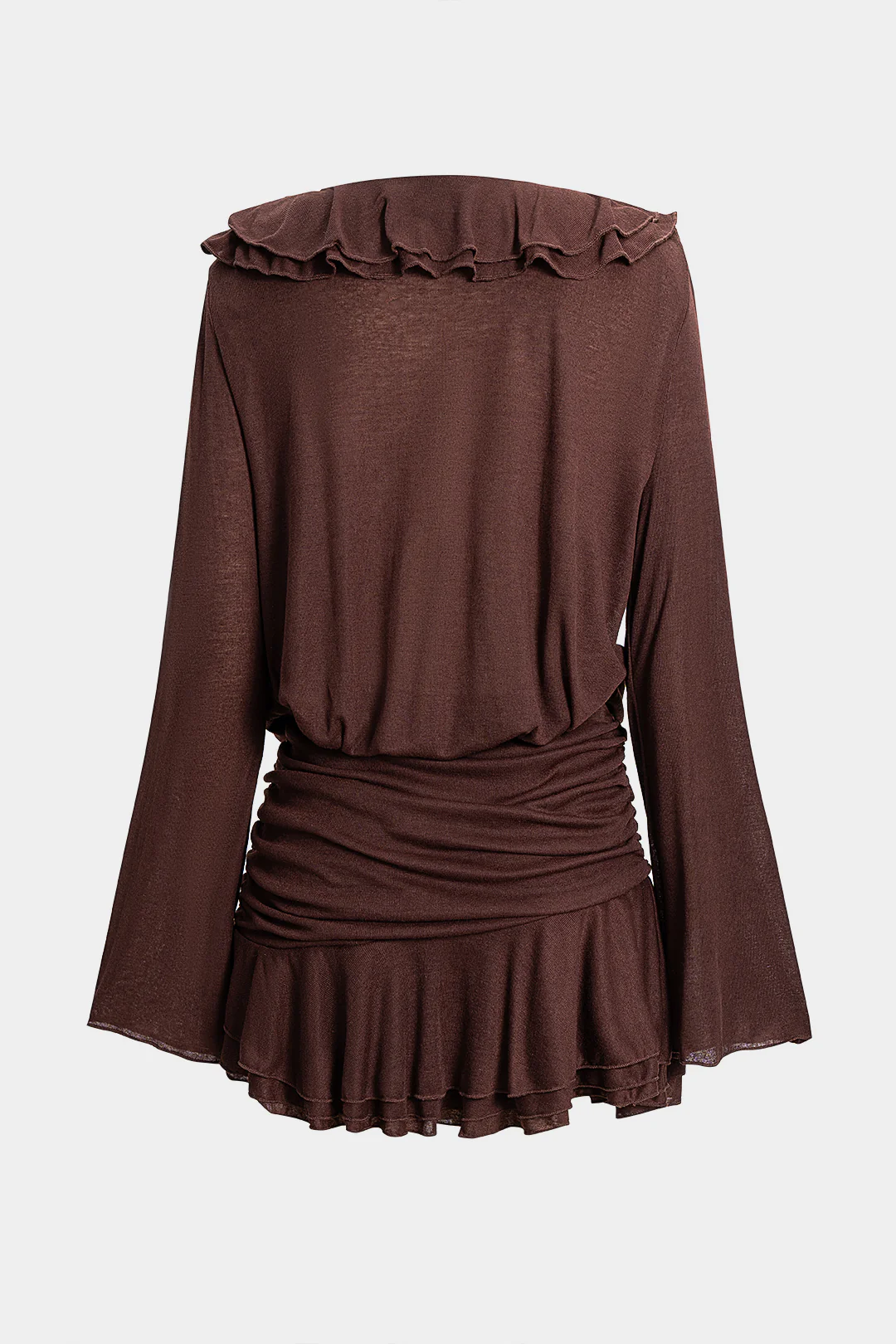 Solid Ruffel Ruched V-Neck Long Sleeve Mini Dress - Flockneti