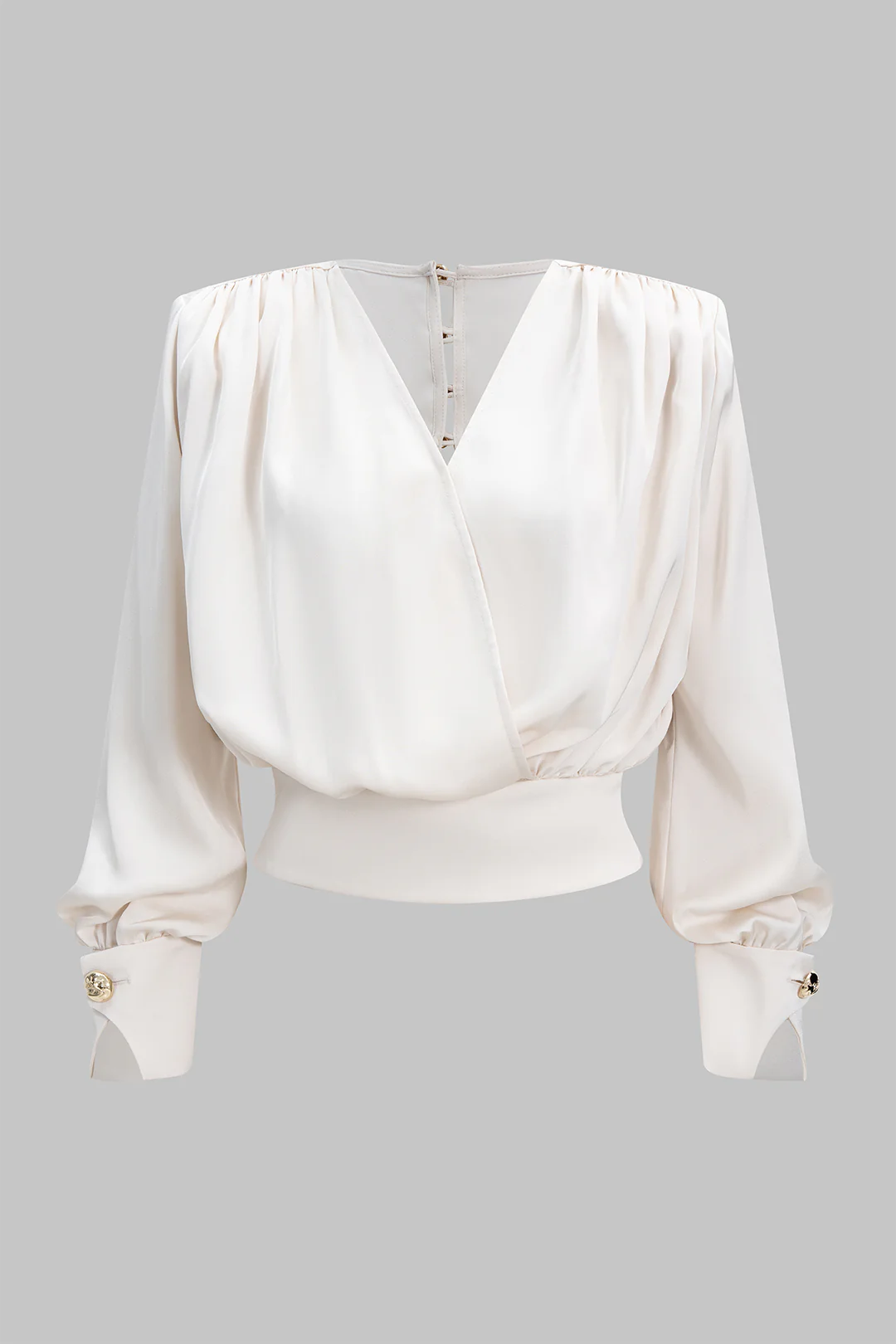 Satin V-Neck Ruched Long-Sleeve Shirt - Flockneti