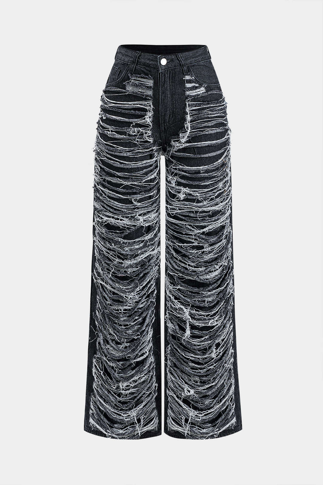 Denim Frayed  Cut Out Button Zipper Wide Leg Jeans - Flockneti