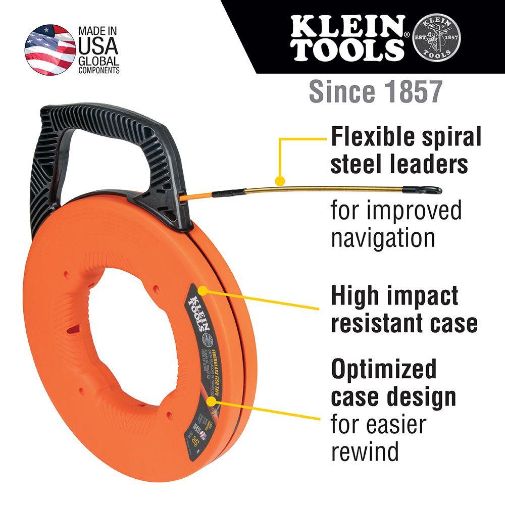 Klein Tools 50′ Fiberglass Fish Tape w/ Leader - Flockneti