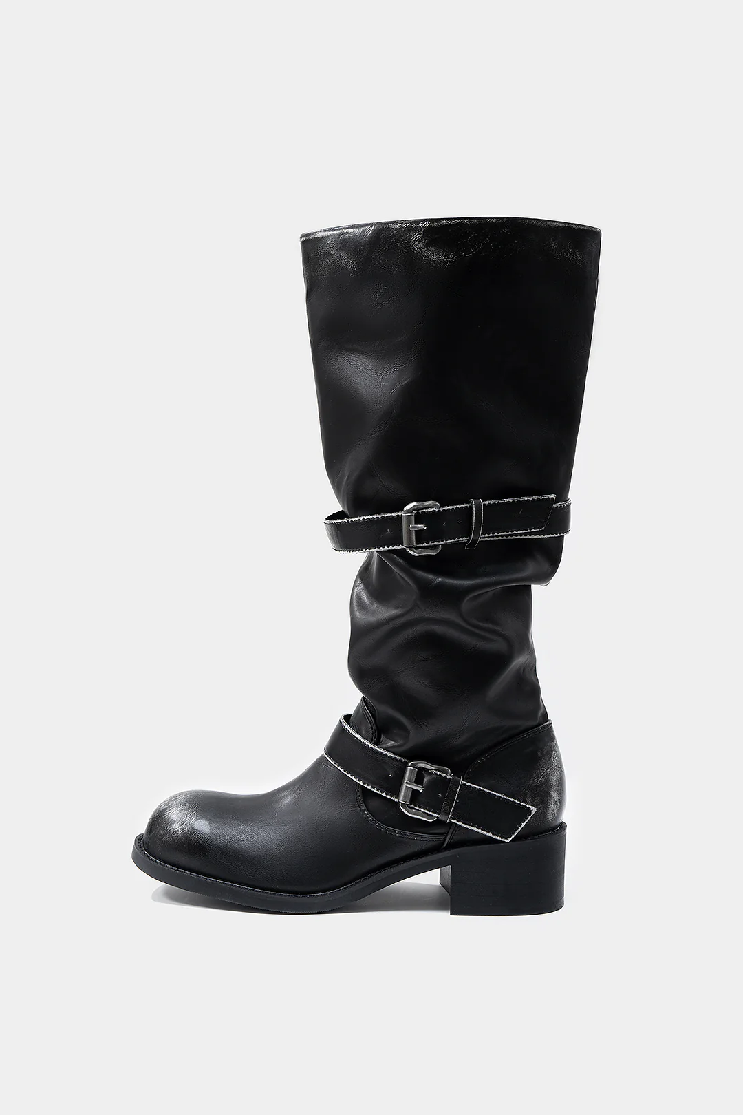 Leather Metallic Buckle Mid Calf Boots - Flockneti