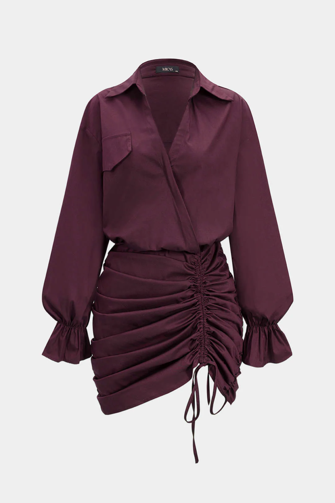 Ruched V-Neck Drawstring Ruffle Long Sleeve Mini Dress - Flockneti