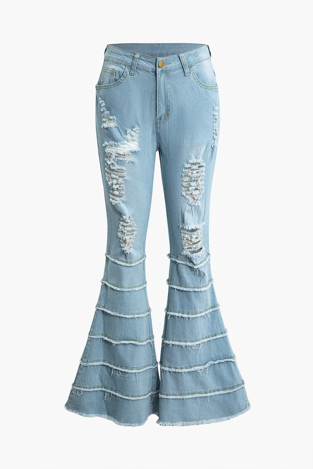 Denim Fringe Decor Ripped Flared Jeans - Flockneti