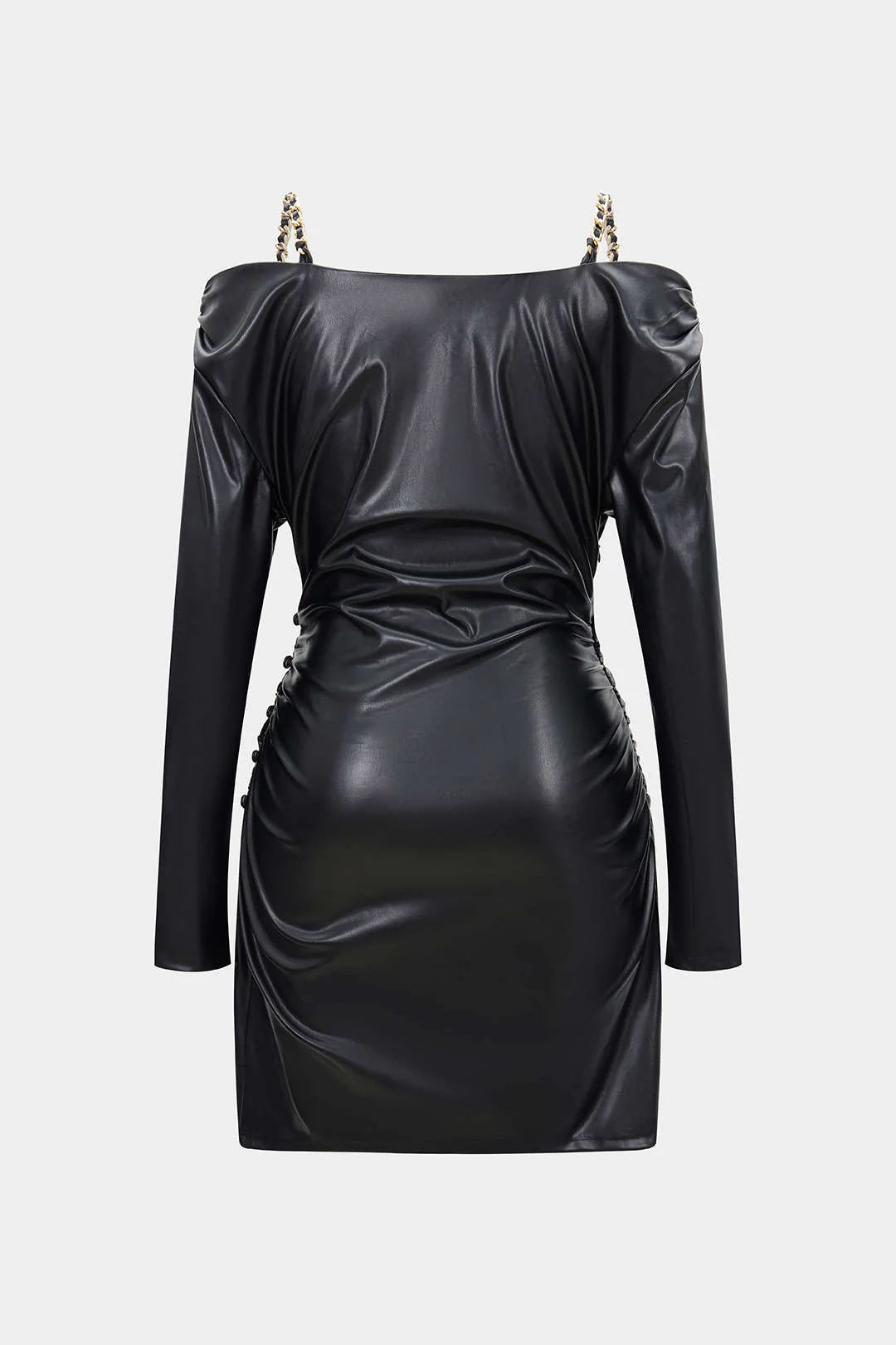 Faux Leather Chain Off Shoulder Long Sleeve Mini Dress - Flockneti