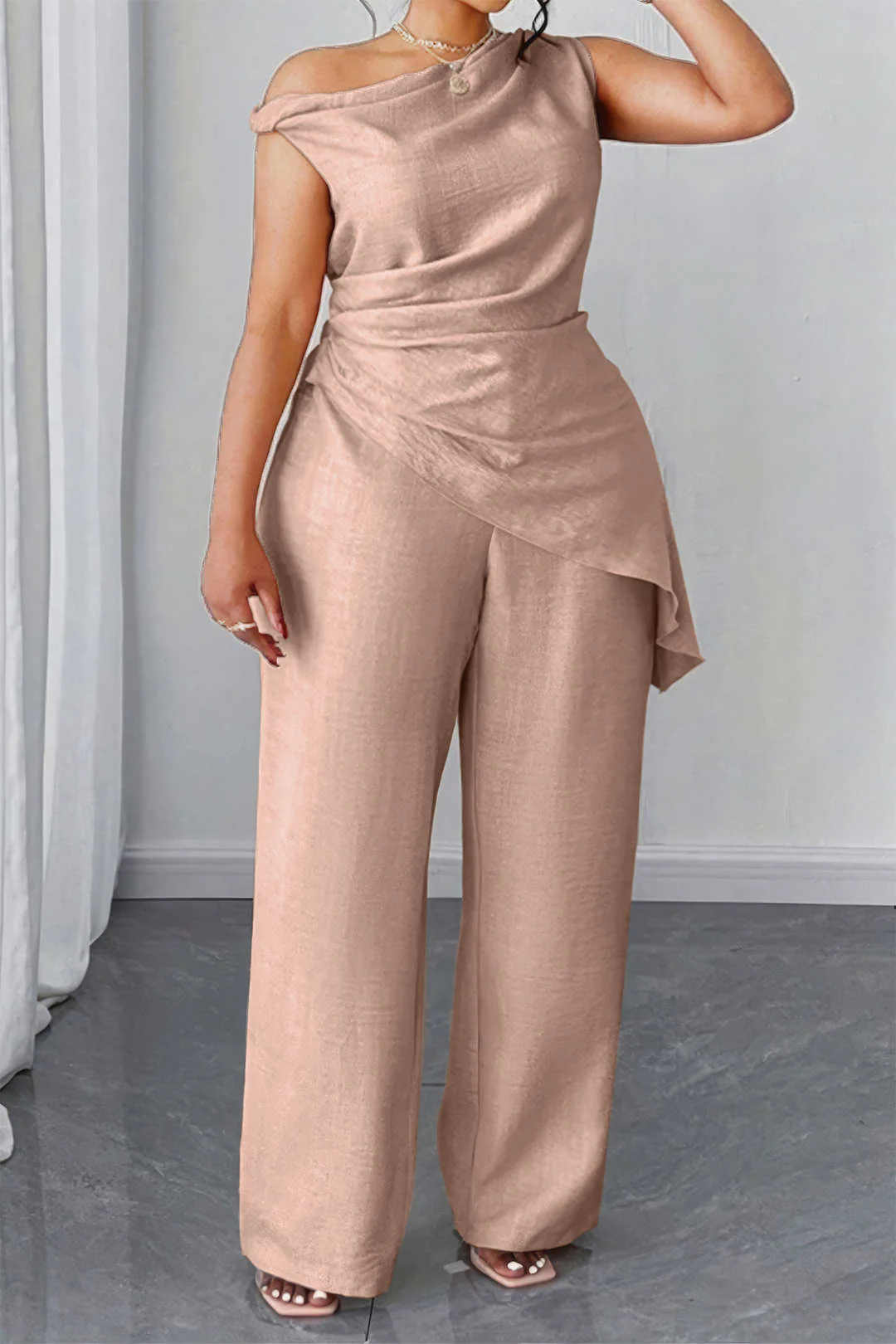 Plus Size Asymmetrical Ruched Trousers Set - Flockneti