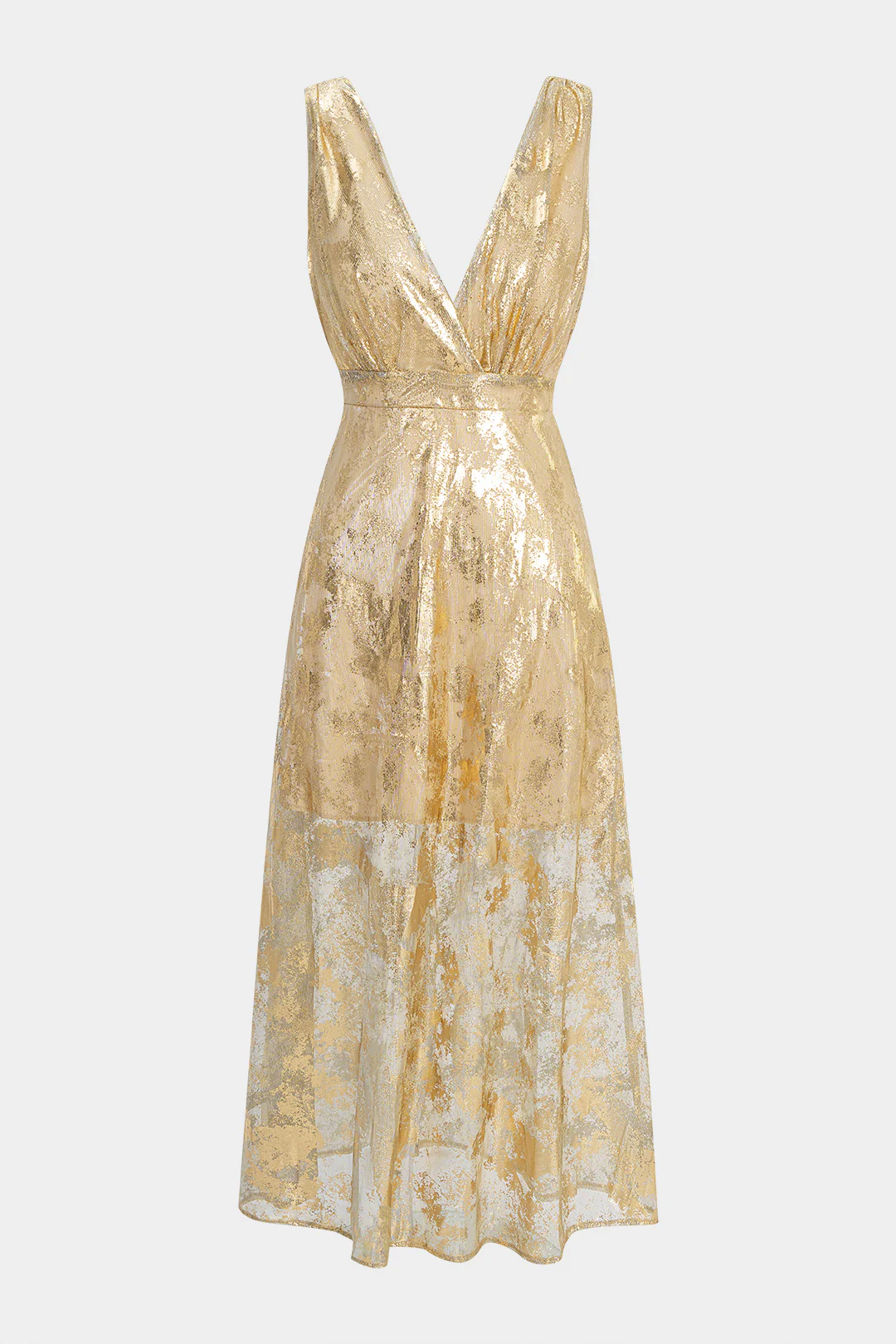 Metallic Print Deep V-Neck Slip Long Sleeve Maxi Dress - Flockneti